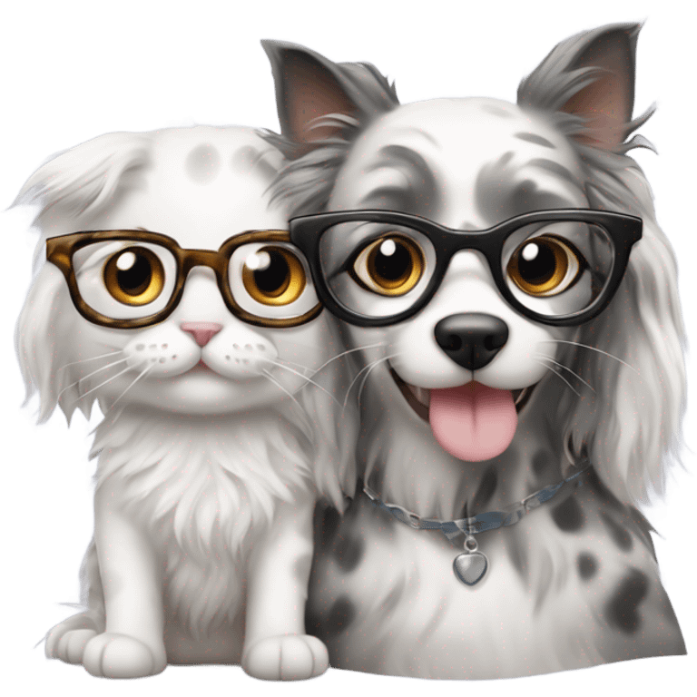 long-haired dilute calico cat wearing glasses sitting with a fluffy dalmatian wearing glasses emoji