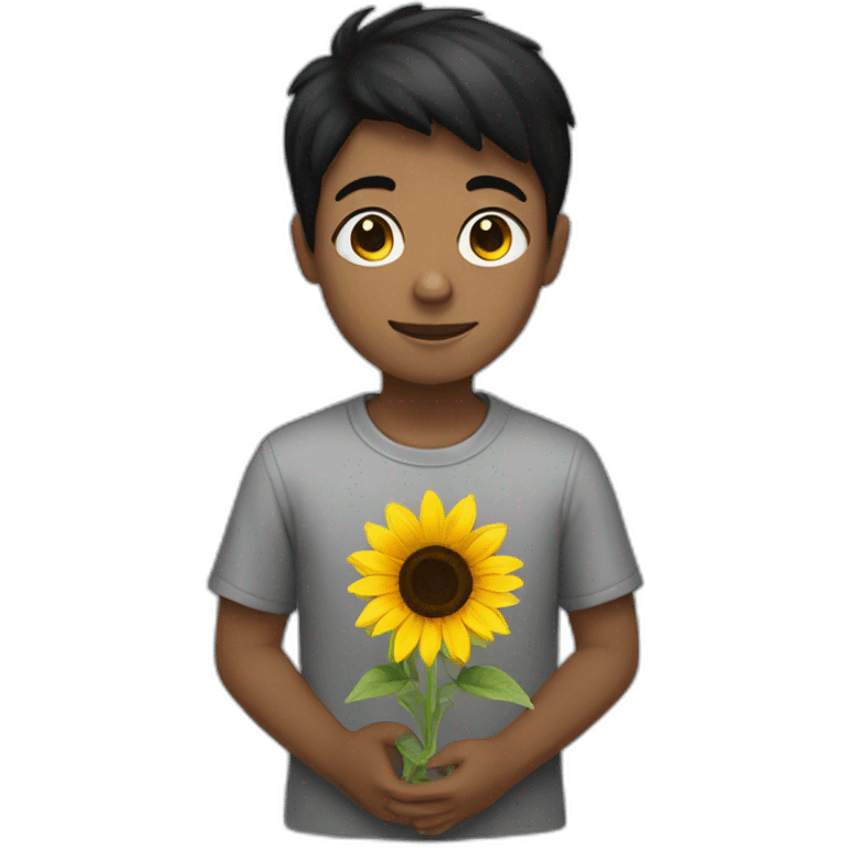 Short black hair boy holding sunflower emoji