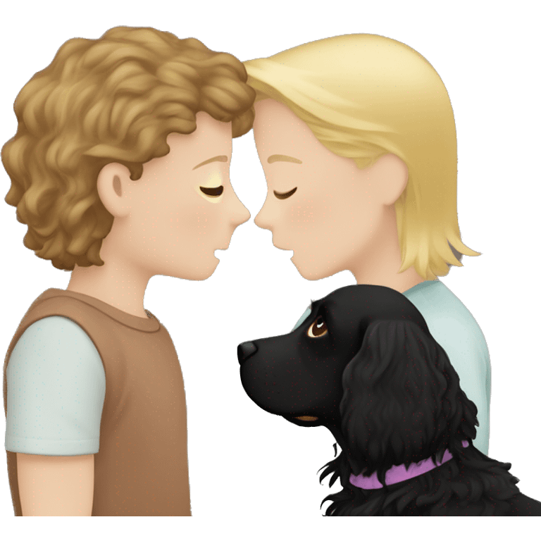 blond-haired boy and brown-haired girl kissing with a black cocker spaniel emoji