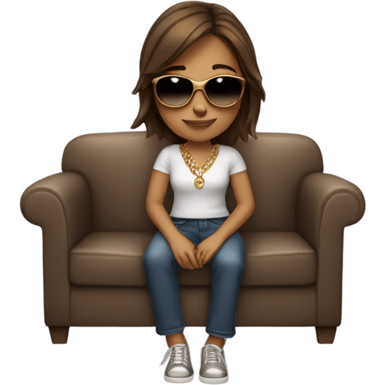 girl sitting on couch with brown hair sunglasses and gold necklace  emoji