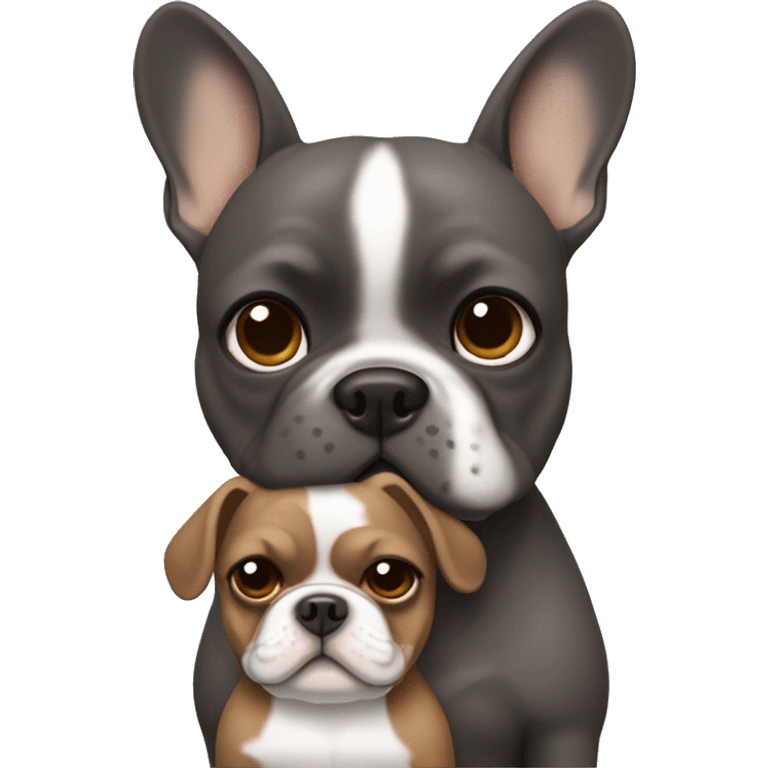 brown hair woman with medium skin hugging dark gray french bulldog emoji