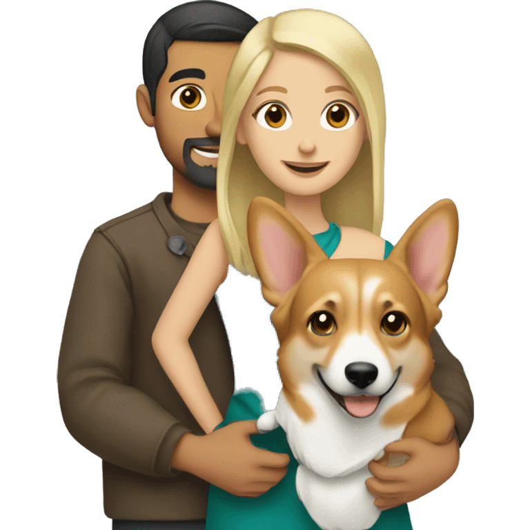 blonde girl with arab guy holding a corgi in their arms emoji