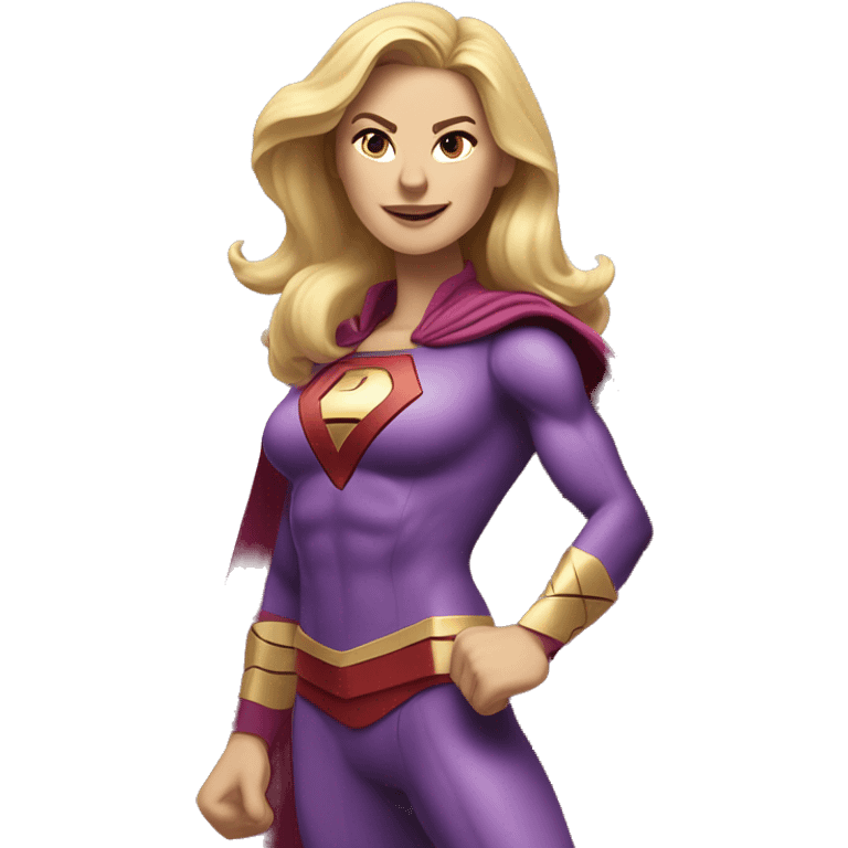 Long blond haired tall superhero woman with strong shoulders happily boldly charging into action. Her face looks like actress Annie Murphy. Her costume colors are purple and yellow. Her shoes are Hoka. The emblem on her costume is B. emoji