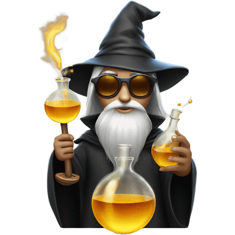 Young wizard mixing potions while wearing sunglasses emoji