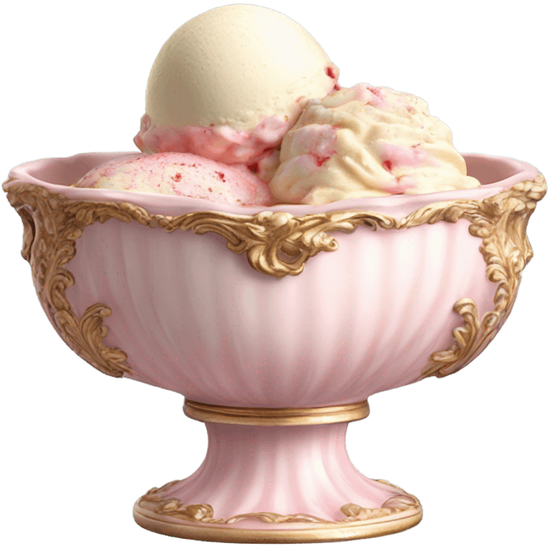 highly detailed vintage pale pink rococo bowl with ice cream emoji