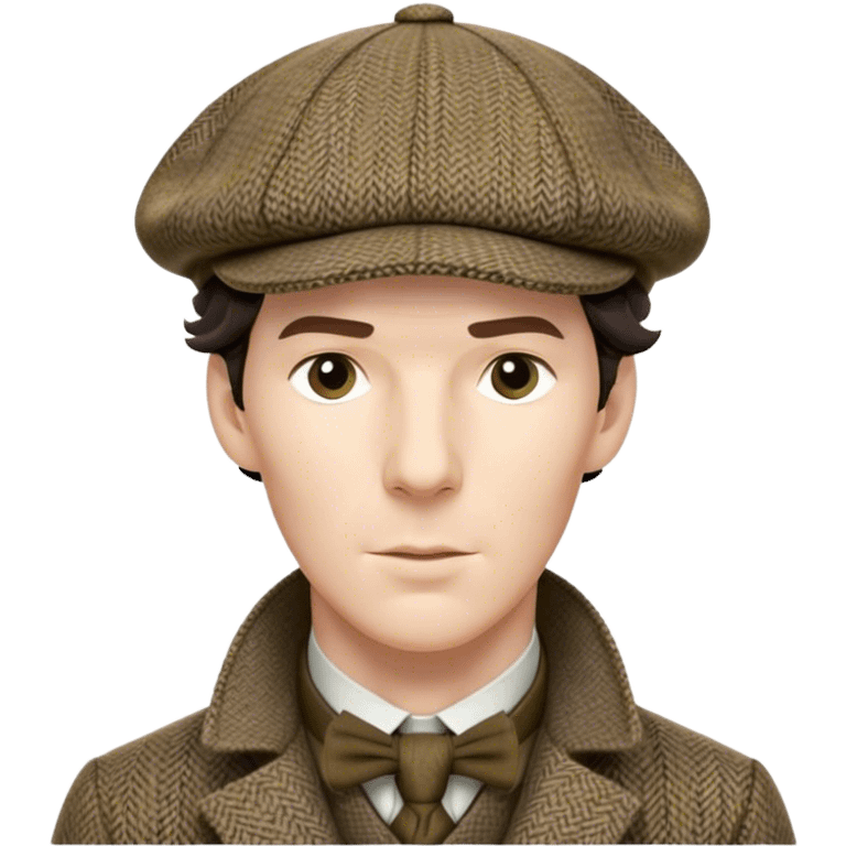 sherlock holmes benedict cumberbatch, wearing a deerstalker hat with the fabric is often tweed, which features a subtle checkered or herringbone pattern with darker and lighter threads woven together, creating texture and depth.  emoji