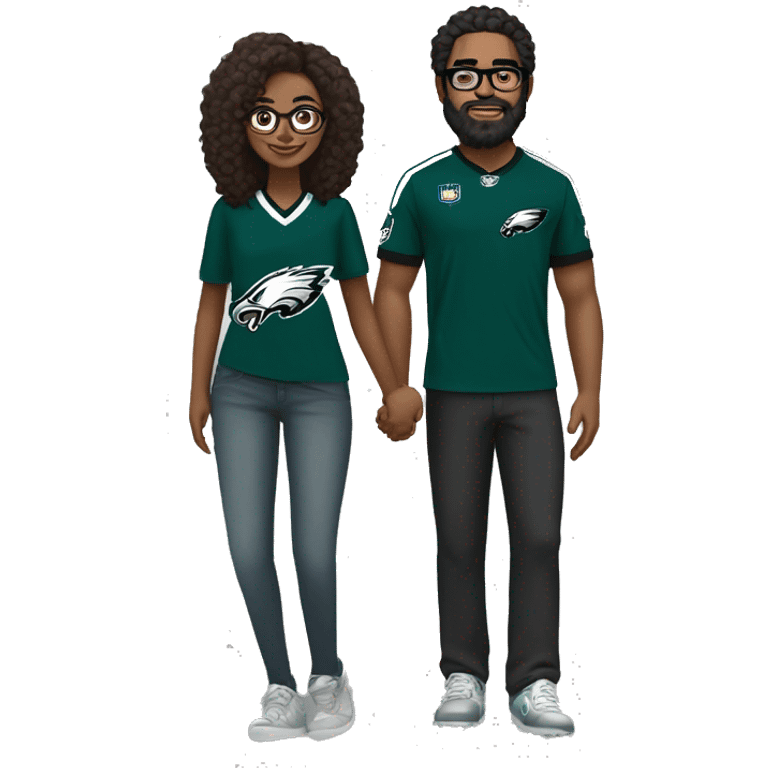 Brown guy with beard mustache and brown girl with glasses and her hair in a bun in Philadelphia eagles clothes holding hands emoji