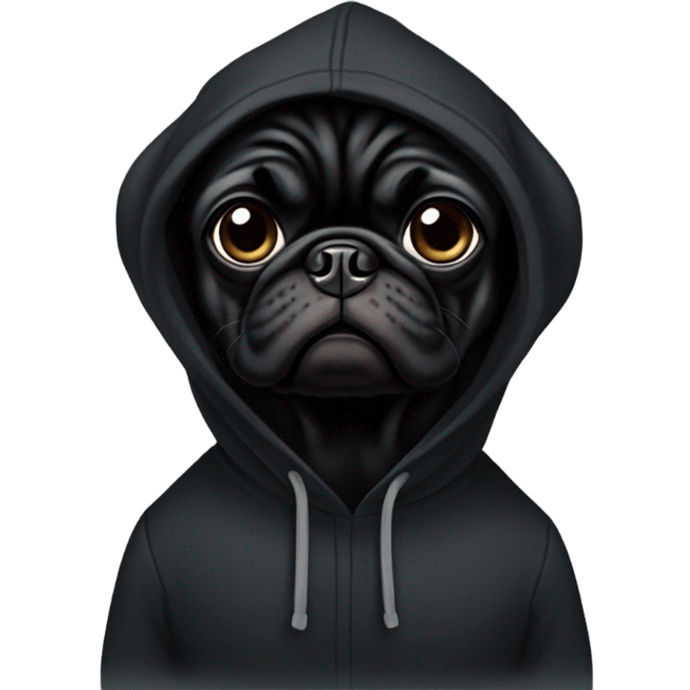 Black pug wearing a black hoodie emoji