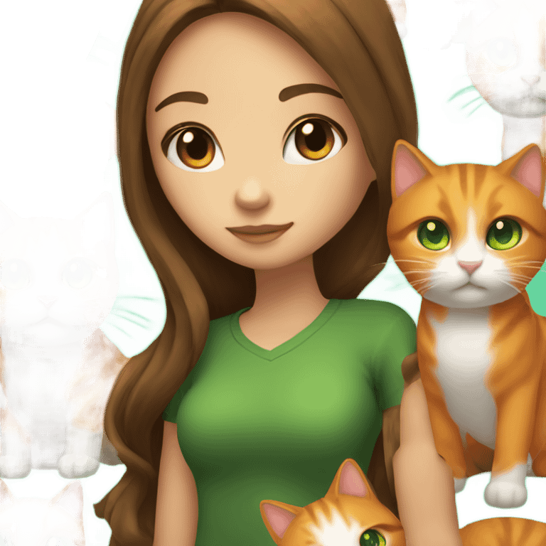 Long Brown highlighted hair and green eyed girl holding an Orange cat emoji