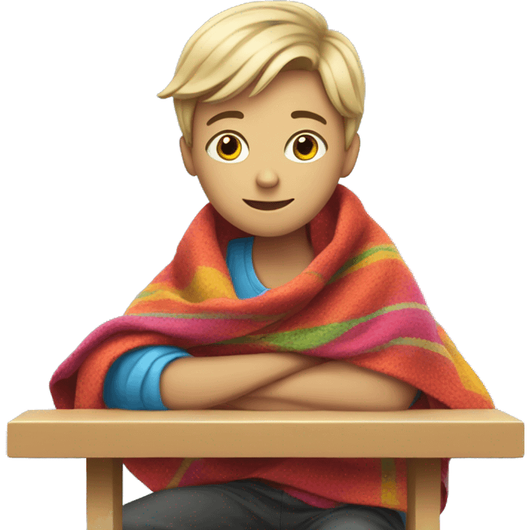 white teen sitting at a school desk with a colorful blanket wrapped around shoulders emoji