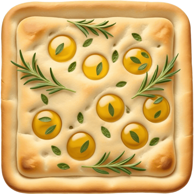 Cinematic Realistic Focaccia Bread Dish Emoji, depicted as a golden, olive oil brushed flatbread sprinkled with herbs rendered with lifelike texture and soft, appetizing lighting. emoji