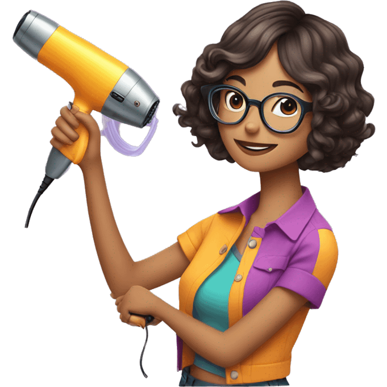 girl with short shoulder-length hair and glasses holding a hairdryer in one hand and scissors in the other, wearing a colorful outfit emoji