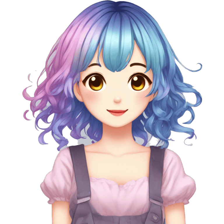 Gorgeous anime style shojo character with blushing face aesthetic and pretty colorful shiny gradient hair with hair garment trending style emoji