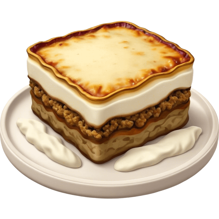 Moussaka Cinematic Realistic Moussaka Dish Emoji, depicted as a rustic serving of moussaka with layers of soft eggplant, ground meat, and a creamy topping featuring a delightfully crispy corner, rendered with rich textures and warm, inviting lighting. emoji