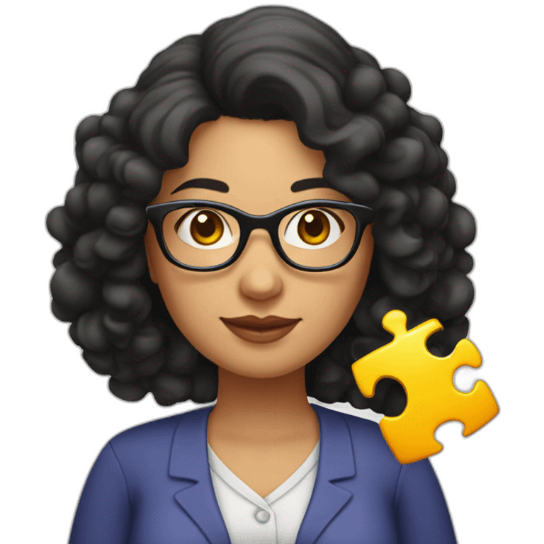 plump woman teacher in glasses with curly black hair holding large puzzles in her hands emoji