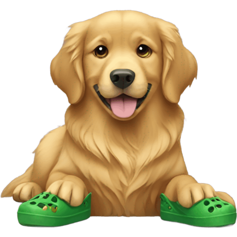 Golden retriever with green crocs emoji