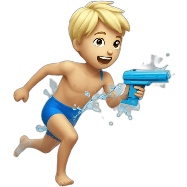 a 5 years old blonde boy in blue swimsuit running with a water gun emoji