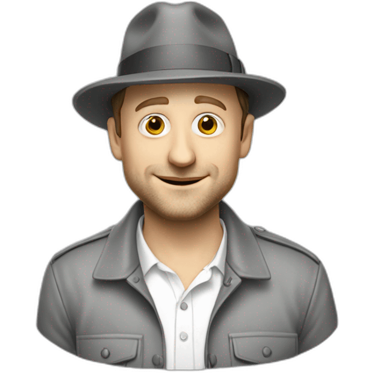 tim robinson wearing a grey fedora with a grey flap on the back white shirt emoji