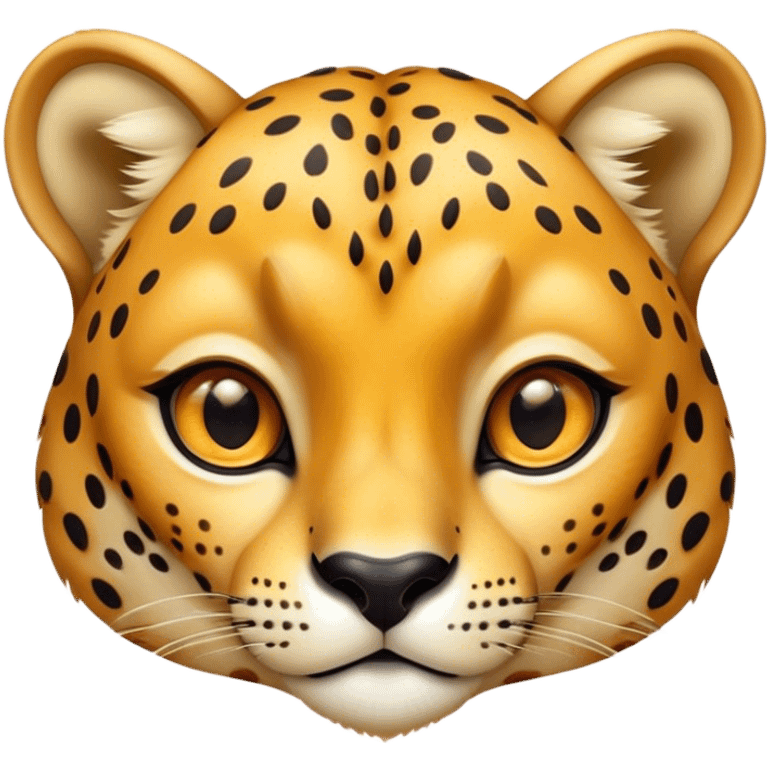 Cinematic Cute Cheetah Portrait Emoji, Head tilted playfully and inquisitively, featuring a glossy, golden spotted Fur with a natural sheen, round, sparkling amber eyes filled with curious mischief, Simplified yet irresistibly adorable features, highly detailed, glowing with a warm, friendly glow, high shine, affectionate and agile, stylized with a touch of savannah whimsy, bright and endearing, soft glowing outline, capturing the essence of a mischievous yet loving cheetah, so playful it feels like it could dash out of the screen and into your arms! emoji