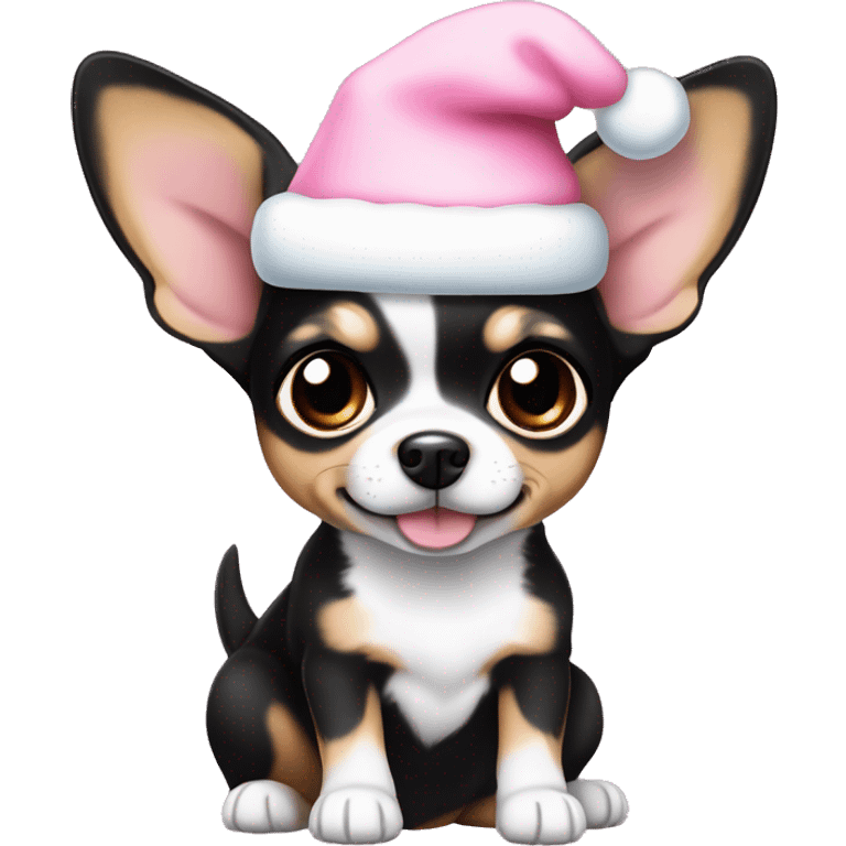 black & tan chihuahua puppy full body light blue eyes pink christmas hat on emoji