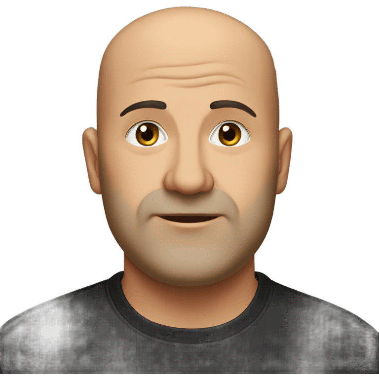 A slightly overweight middle-aged Italian man with olive-toned skin with bald hair and no facial hair. He is wearing a sleek black smart shirt, casually unbuttoned at the top. emoji