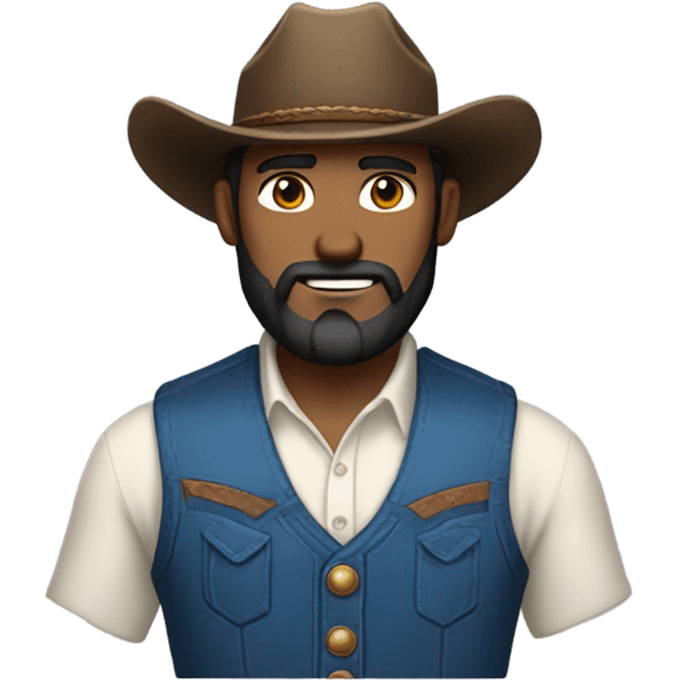 a rugged cowboy with a thick beard, wearing a blue vest over a classic western shirt. He should have a confident stance, showing full torso emoji