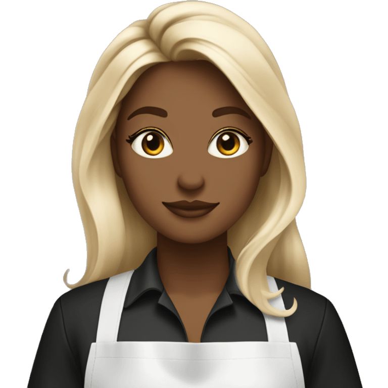 Hair stylist in a black apron. Blonde balayage with a darker root. Iced coffee in hand. Long hair emoji