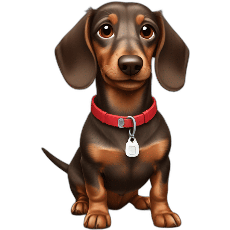 Happy brown wire-haired dachshund with red tag emoji