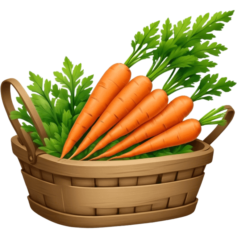 Cinematic vibrant orange carrot, crisp and fresh, slightly twisted with green leafy tops, arranged in a rustic wooden basket, natural and inviting. emoji