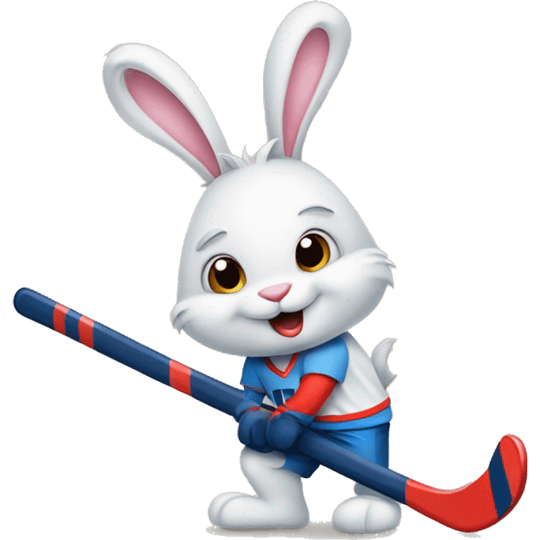 Bunny rabbit with hockey stick and puck emoji