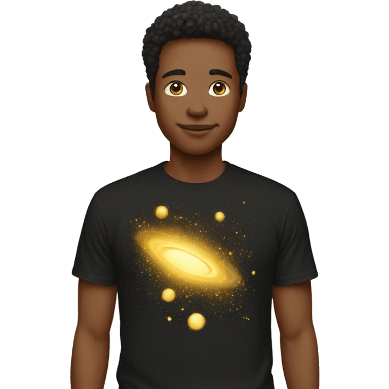 Person wearing t shirt filled with golden galaxies emoji