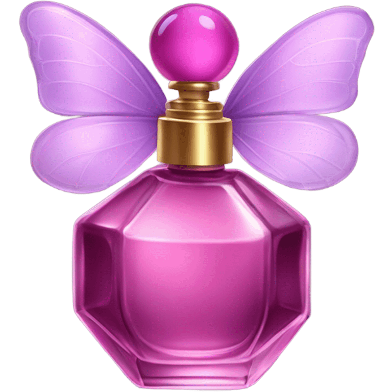 A dreamy vintage perfume bottle in dark pink, adorned with pastel violet butterfly wings. emoji