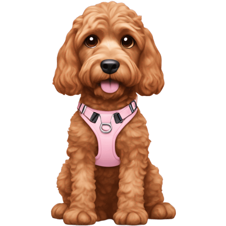 Ginger cockapoo wearing a pink harness and pale pink collar  emoji