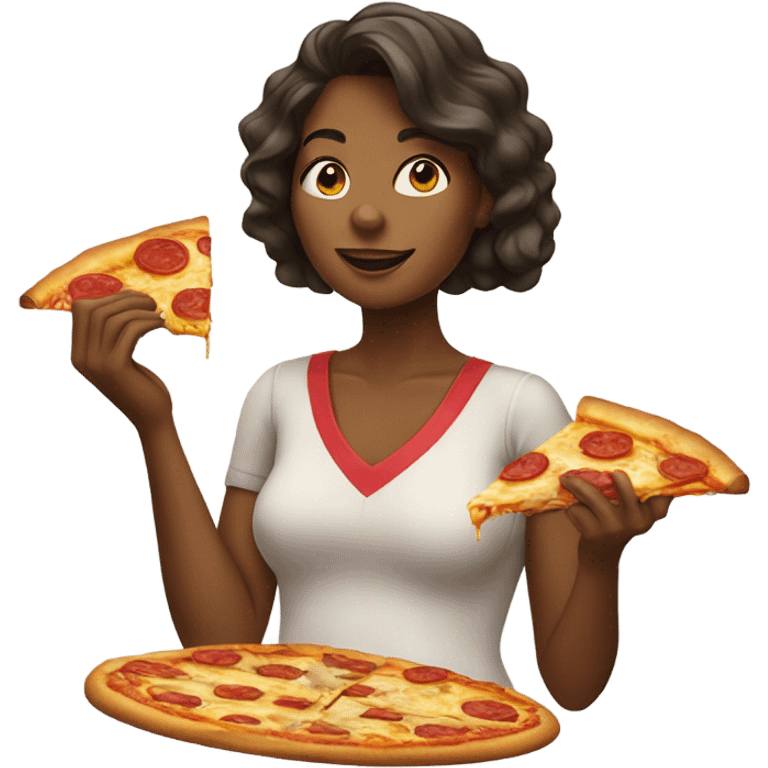 A woman with a snack and a piece of pizza inside emoji