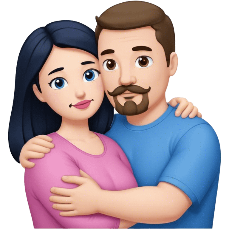 Tall strong white man with brown mustache goatee wearing blue hugging a chubby short pale woman with long black hair wearing pink emoji