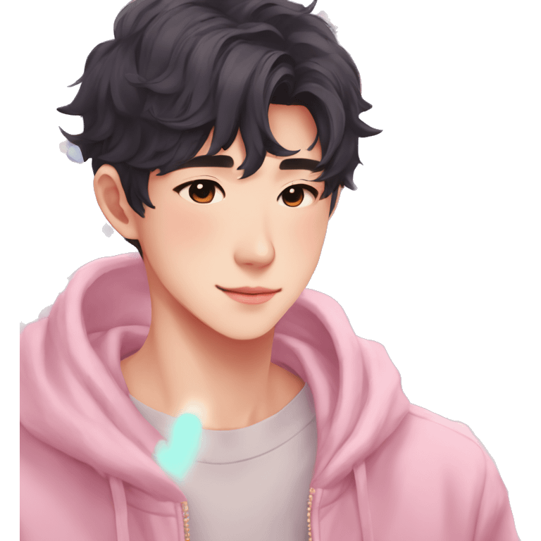 Gorgeous bright sparkly romantic Asian anime pastel guy with blushing face aesthetic trending style outside emoji