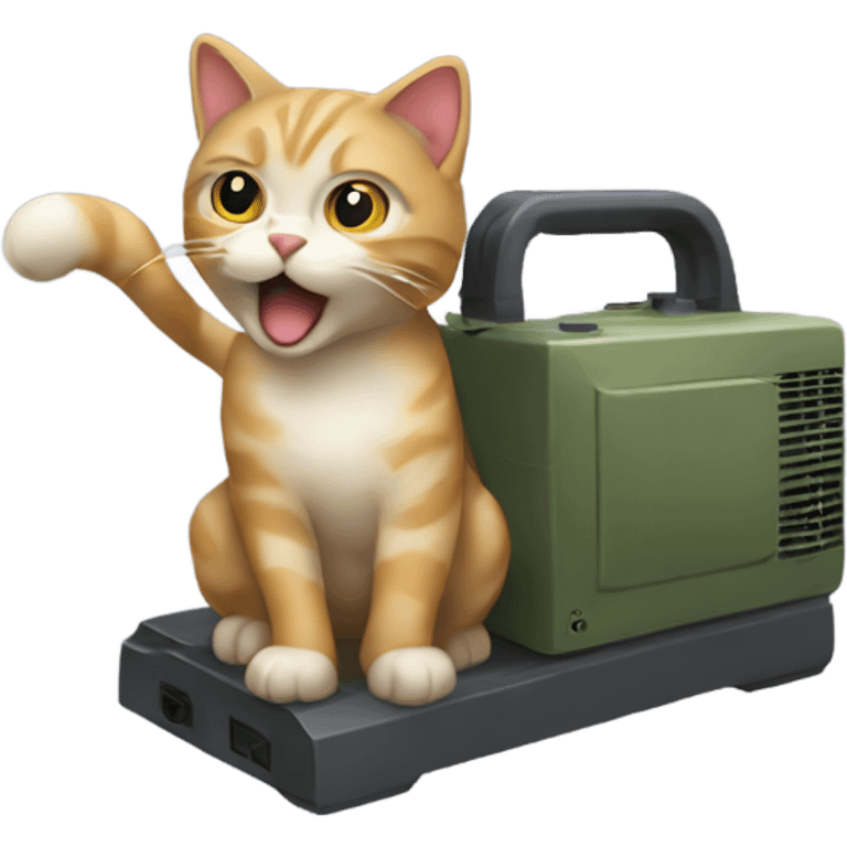 A cat powered by a generator with an army attacking it. emoji