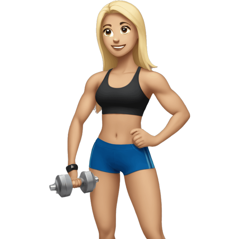 blonde woman working out with a black tank top and a blue shorts holding a dumbbell emoji