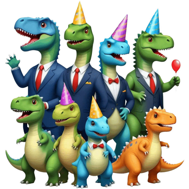 different office dinosaurs in office suits celebrating birthday emoji