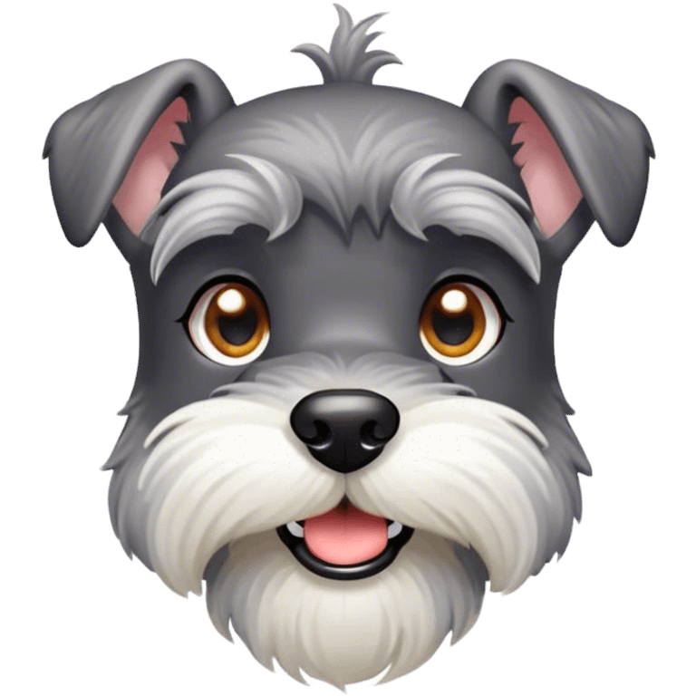 Cinematic Cute Miniature Schnauzer Portrait Emoji, Head cheerfully cocked with expressive, twinkling eyes and a neatly trimmed, adorable salt-and-pepper fur, simplified yet endearingly detailed, glowing with a bright, friendly radiance, high shine, exuding smart and spunky charm, styled with a delicate, whimsical outline, capturing the essence of a cute Miniature Schnauzer that appears ready to scamper off the screen with delightful energy! emoji