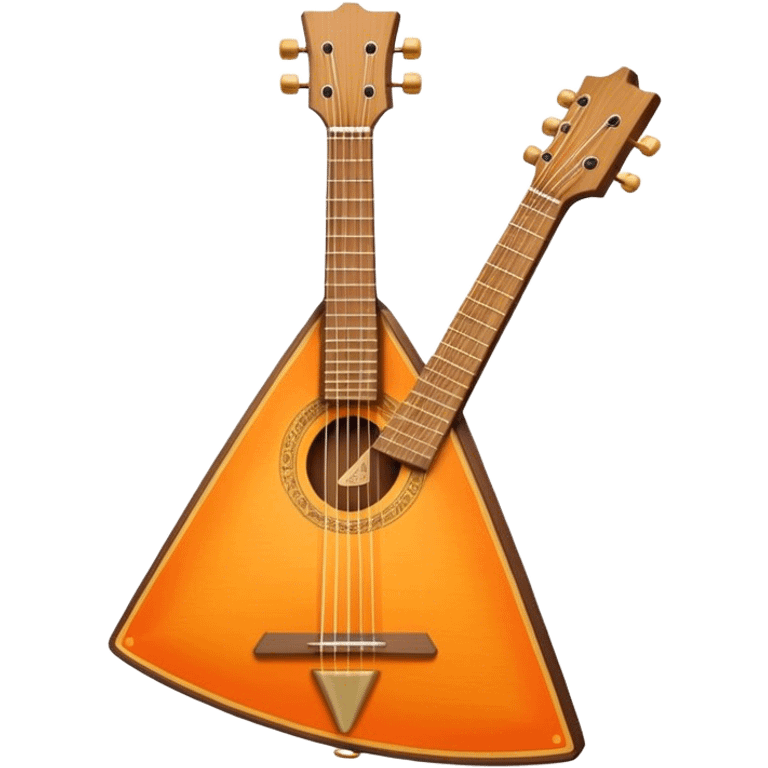 Create a vibrant and traditional emoji representing a three-stringed balalaika 'Prima.' The design should feature the characteristic triangular body of the balalaika with its three strings and visible tuning pegs. The woodwork should be simple yet elegant, reflecting the traditional Russian craftsmanship. Add subtle musical notes around the instrument to symbolize its cultural sound. Use rich, warm colors like natural wood tones, orange, and gold accents to convey its authenticity and musical heritage. The background should be transparent. emoji