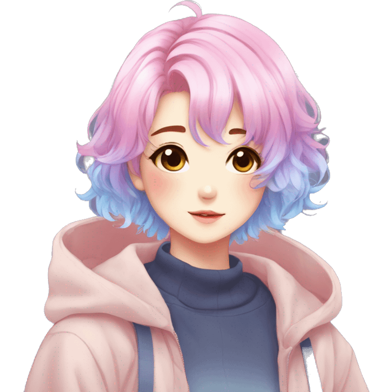 Gorgeous anime style shojo character with blushing face aesthetic and pretty colorful shiny gradient pastel hair trending style emoji