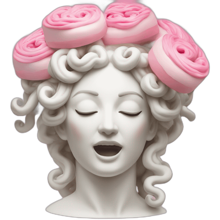 white statue of Medusa Gorgo eating pink cake emoji