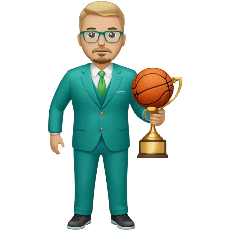 Full Body white plus size man  wearing glasses with a goatee with dirty blond short hair basketball head Coach in blue and green suit holding trophy emoji