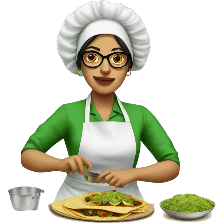 mexican lady green apron  with glasses cooking tacos emoji