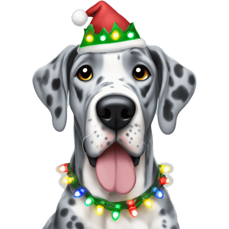 Blue Merle Great dane wearing Christmas lights emoji