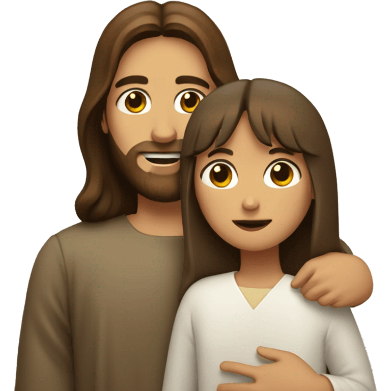 jesus hugs a girl with brown hair and bangs emoji