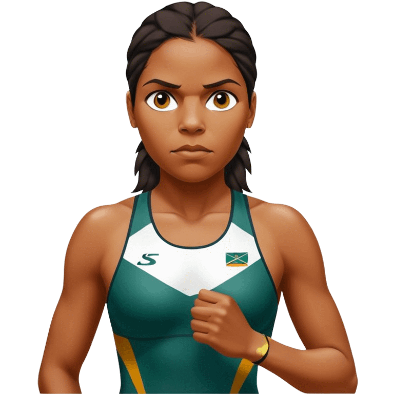 Cinematic Realistic portrait of Cathy Freeman, shown as an iconic Australian athlete with a focused, determined expression and modern athletic attire accented with subtle native motifs, rendered in dynamic, vibrant lighting emoji