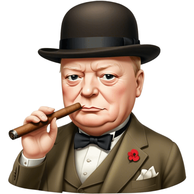 Cinematic Realistic Winston Churchill Portrait Emoji, depicted as a resolute British statesman with a signature bowler hat and a cigar, exuding determined leadership and wartime valor, rendered with lifelike textures and dramatic vintage lighting that captures his iconic British spirit. emoji