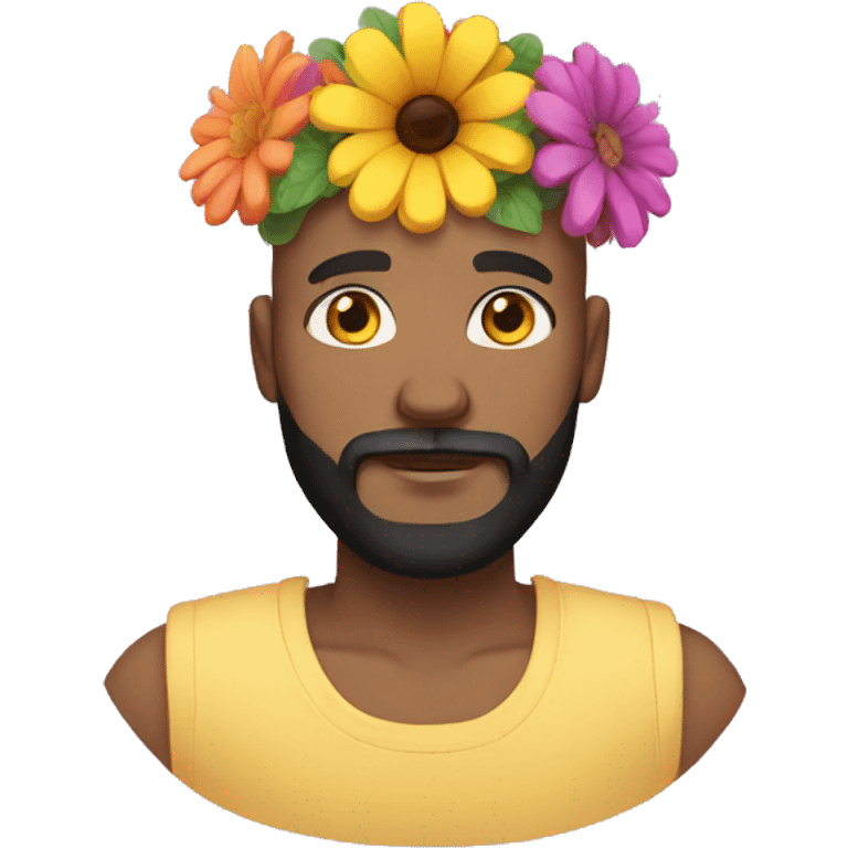 bald man with black beard and brown eyes and yellow skin with a colorful flowercrown on his head emoji